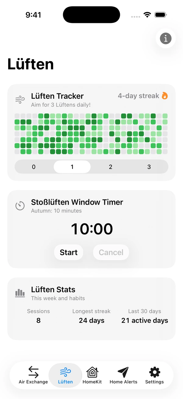 dewdrop Lüften screen showing a daily tracker, seasonal window timer, and ventilation statistics