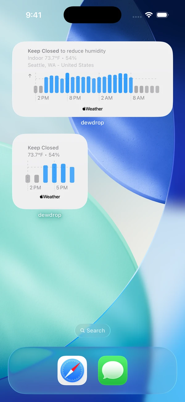 dewdrop Air Exchange forecast widgets on an iPhone Home Screen
